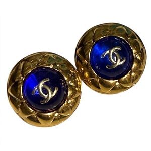 CHANEL Gold-Tone Earrings with Cobalt Blue Gripoix Center and CC Emblem